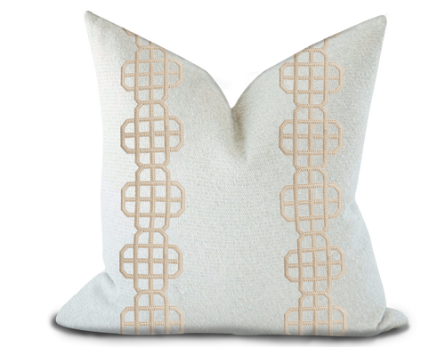 Custom Made Pillow Cover with Thibaut Fret Applique Tape in Linen / Self-Piping