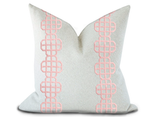 Load image into Gallery viewer, Custom Made Pillow Cover with Thibaut Fret Applique Tape in Blossom / Self-Piping