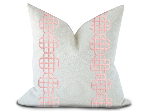 Custom Made Pillow Cover with Thibaut Fret Applique Tape in Blossom / Self-Piping