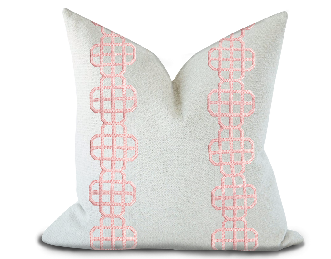 Custom Made Pillow Cover with Thibaut Fret Applique Tape in Blossom / Self-Piping