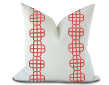 Load image into Gallery viewer, Custom Made Pillow Cover with Thibaut Fret Applique Tape in Coral / Self-Piping