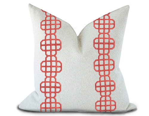 Custom Made Pillow Cover with Thibaut Fret Applique Tape in Coral / Self-Piping