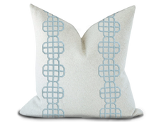 Load image into Gallery viewer, (Copy) Custom Made Pillow Cover with Thibaut Fret Applique Tape in Powder / Self-Piping
