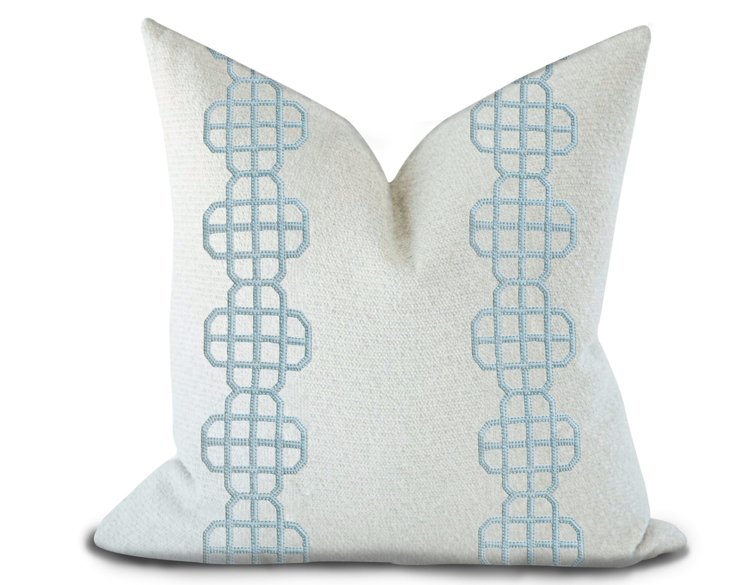 (Copy) Custom Made Pillow Cover with Thibaut Fret Applique Tape in Powder / Self-Piping