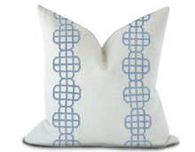 Load image into Gallery viewer, Custom Made Pillow Cover with Thibaut Fret Applique Tape in Sky / Self-Piping