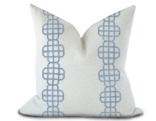 Custom Made Pillow Cover with Thibaut Fret Applique Tape in Sky / Self-Piping