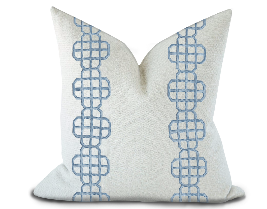 Custom Made Pillow Cover with Thibaut Fret Applique Tape in Sky / Self-Piping