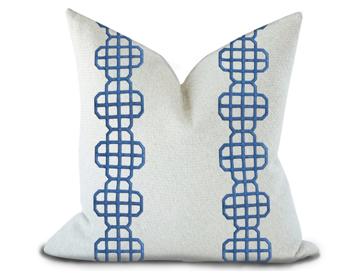 Custom Made Pillow Cover with Thibaut Fret Applique Tape in Bermuda / Self-Piping