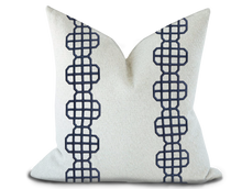 Load image into Gallery viewer, Custom Made Pillow Cover with Thibaut Fret Applique Tape in Navy / Self-Piping