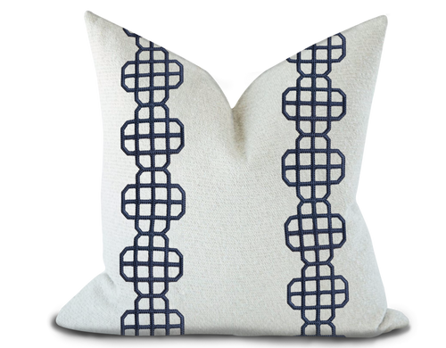 Custom Made Pillow Cover with Thibaut Fret Applique Tape in Navy / Self-Piping