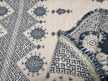 Load image into Gallery viewer, Peter Dunham Textiles Carmania Indigo Natural Custom Indian Embroidery Design Central Stripe Star Floral Medallions Pattern Indoor/Outdoor Woven Fabric STA 6435