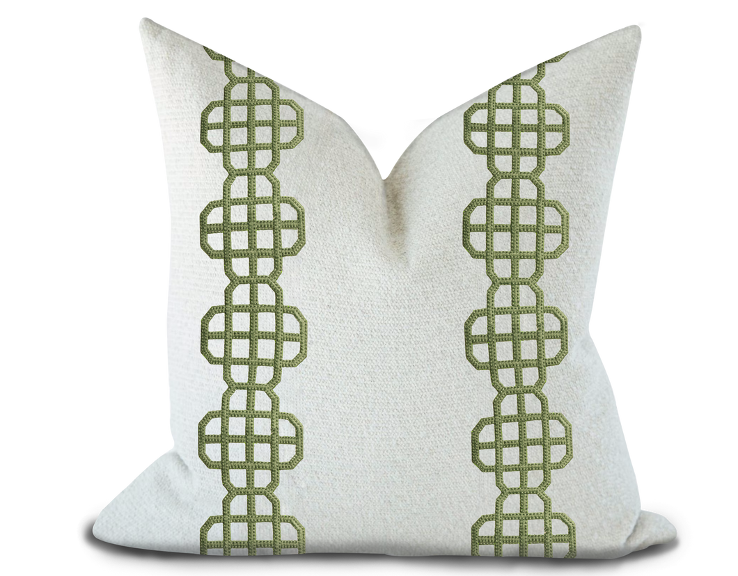 Custom Made Pillow Cover with Thibaut Fret Applique Tape in Kelly / Self-Piping