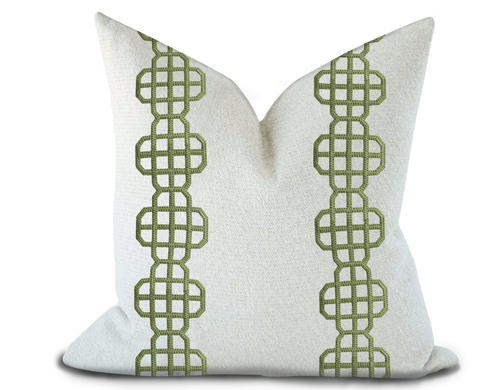 Custom Made Pillow Cover with Thibaut Fret Applique Tape in Juniper / Self-Piping