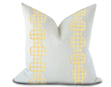 Load image into Gallery viewer, Custom Made Pillow Cover with Thibaut Fret Applique Tape in Daffodil / Self-Piping