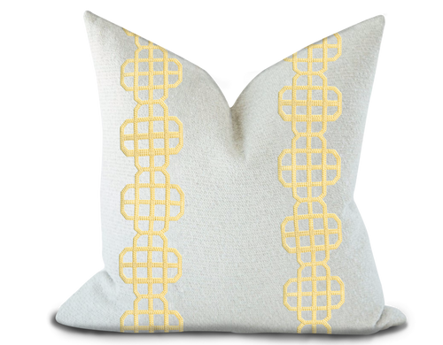Custom Made Pillow Cover with Thibaut Fret Applique Tape in Daffodil / Self-Piping