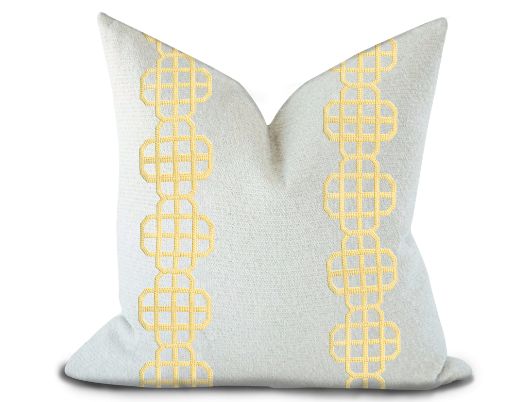 Custom Made Pillow Cover with Thibaut Fret Applique Tape in Daffodil / Self-Piping