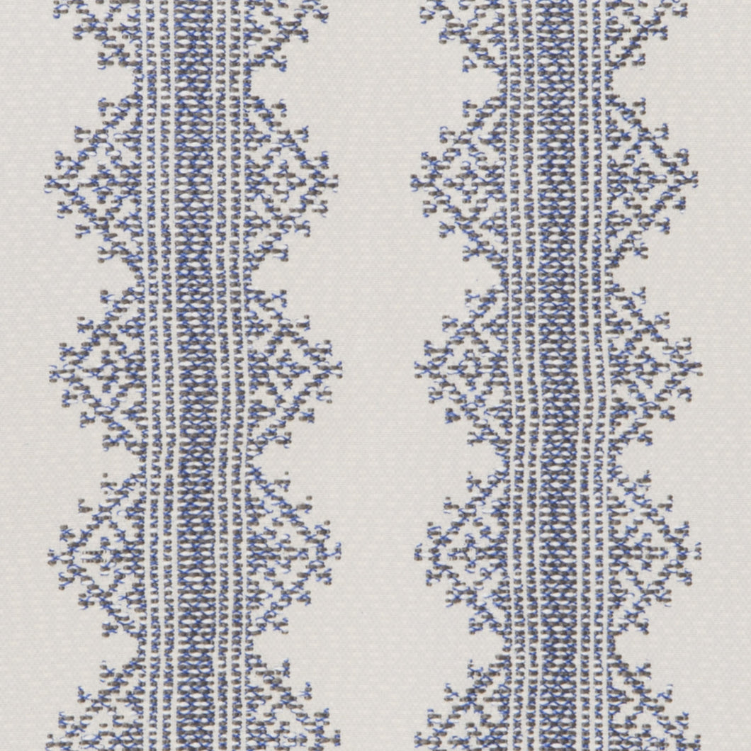 Rosemary Hallgarten Eden Adrift Blue Off White Indoor Outdoor Ethnic Stripe Upholstery Fabric STA 1886