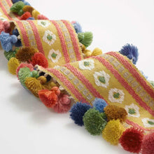 Load image into Gallery viewer, 4.75” Wide Luxury Linen Wool Mustard Yellow Blue Green Embroidered Tassel Fringe Tape Trim