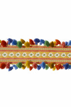 Load image into Gallery viewer, 4.75” Wide Luxury Linen Wool Mustard Yellow Blue Green Embroidered Tassel Fringe Tape Trim
