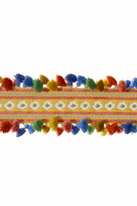 4.75” Wide Luxury Linen Wool Mustard Yellow Blue Green Embroidered Tassel Fringe Tape Trim