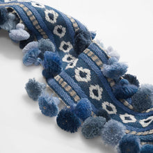Load image into Gallery viewer, 4.75” Wide Luxury Linen Wool French Blue Beige White Embroidered Tassel Fringe Tape Trim
