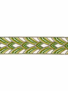 4 1/4”Wide Luxury Linen Viscose Ivory Green Chartreuse Grey Embroidered Art Deco Tape Trim