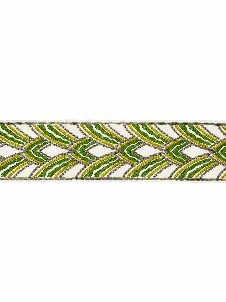 4 1/4”Wide Luxury Linen Viscose Ivory Green Chartreuse Grey Embroidered Art Deco Tape Trim
