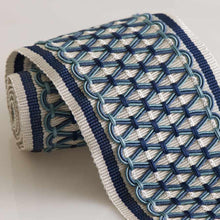 Load image into Gallery viewer, 3”Wide Luxury Blue White Geometric Lattice Diamond Braided Drapery Tape Trim