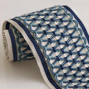 3”Wide Luxury Blue White Geometric Lattice Diamond Braided Drapery Tape Trim