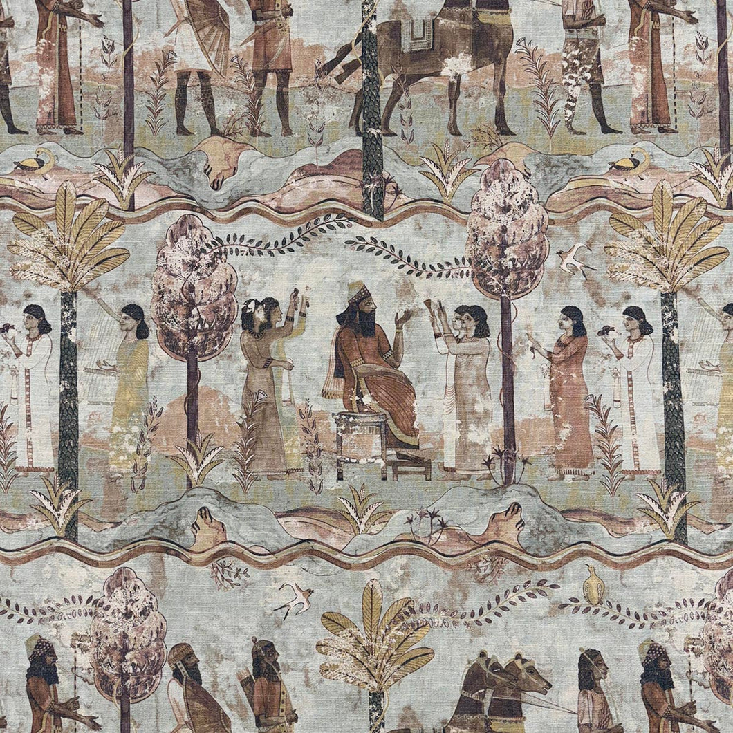 Designer Seafoam Green Brown Aqua Egyptian Assyrian Toile Upholstery Drapery Fabric MGF