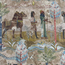 Load image into Gallery viewer, Cotton Linen Brown Green Teal Red Egyptian Assyrian Toile Upholstery Drapery Fabric MGF