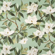 Load image into Gallery viewer, Aqua Teal Green Off White Floral Magnolia Upholstery Drapery Fabric / Juniper