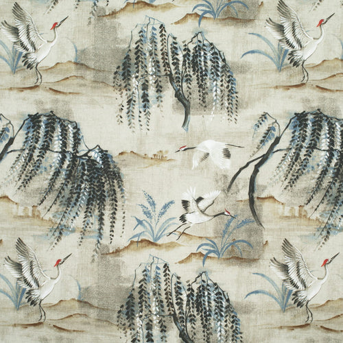 Cotton Antique Green Teal Black Bird Print Chinoiserie Upholstery Drapery Fabric