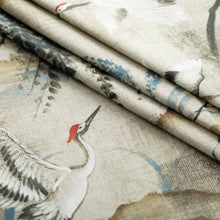 Load image into Gallery viewer, Cotton Antique Green Teal Black Bird Print Chinoiserie Upholstery Drapery Fabric