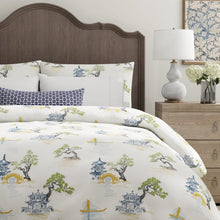 Load image into Gallery viewer, Cotton Ivory Teal Green Mustard Grey Chinoiserie Embrodiered Drapery Fabric