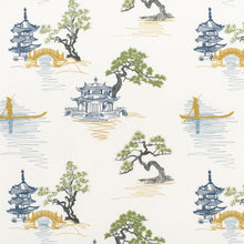 Load image into Gallery viewer, Cotton Ivory Teal Green Mustard Grey Chinoiserie Embrodiered Drapery Fabric