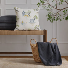 Load image into Gallery viewer, Cotton Ivory Teal Green Mustard Grey Chinoiserie Embrodiered Drapery Fabric