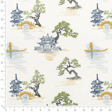 Load image into Gallery viewer, Cotton Ivory Teal Green Mustard Grey Chinoiserie Embrodiered Drapery Fabric