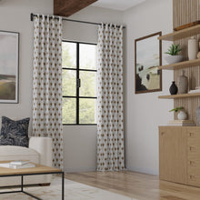 Load image into Gallery viewer, Linen Blend White Olive Green Mistard Gold Orange Blue Peacock Feather Embroidered Trellis Drapery Fabric