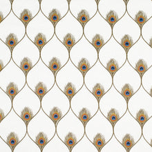 Load image into Gallery viewer, Linen Blend White Olive Green Mistard Gold Orange Blue Peacock Feather Embroidered Trellis Drapery Fabric
