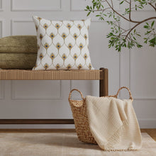 Load image into Gallery viewer, Linen Blend White Olive Green Mistard Gold Orange Blue Peacock Feather Embroidered Trellis Drapery Fabric