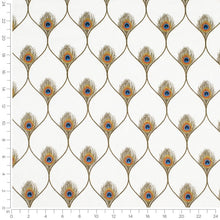Load image into Gallery viewer, Linen Blend White Olive Green Mistard Gold Orange Blue Peacock Feather Embroidered Trellis Drapery Fabric