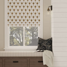 Load image into Gallery viewer, Linen Blend White Olive Green Mistard Gold Orange Blue Peacock Feather Embroidered Trellis Drapery Fabric