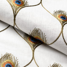 Load image into Gallery viewer, Linen Blend White Olive Green Mistard Gold Orange Blue Peacock Feather Embroidered Trellis Drapery Fabric