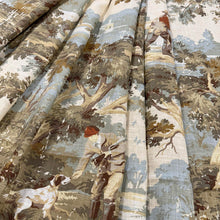 Load image into Gallery viewer, Linen Blend Beige Aqua Seafoam Green Brown Country Toile Upholstery Drapery Fabric MGF
