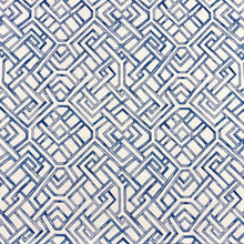 Load image into Gallery viewer, Blue White Geometric Navy Trellis Drapery Fabric MGF