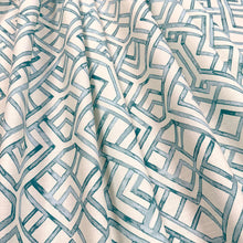 Load image into Gallery viewer, Ivory Teal Geometric Trellis Upholstery Drapery Fabric MGF