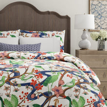 Load image into Gallery viewer, Cotton Ivory Navy Blue Green Red Floral Bird Print Upholstery Drapery Fabric