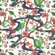 Load image into Gallery viewer, Cotton Ivory Navy Blue Green Red Floral Bird Print Upholstery Drapery Fabric