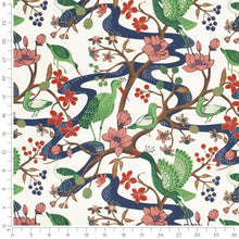 Load image into Gallery viewer, Cotton Ivory Navy Blue Green Red Floral Bird Print Upholstery Drapery Fabric